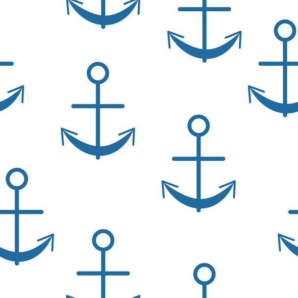 Nahtloses Muster mit klassisch blauen grafischen Ankern auf weißem Hintergrund. Einfaches flaches Design. Meer und Ozean. Schiffsausrüstung. Schiff und Boot. Für Postkarten, Scrapbooking, Textilien und Geschenkpapier - Vektor, Bild