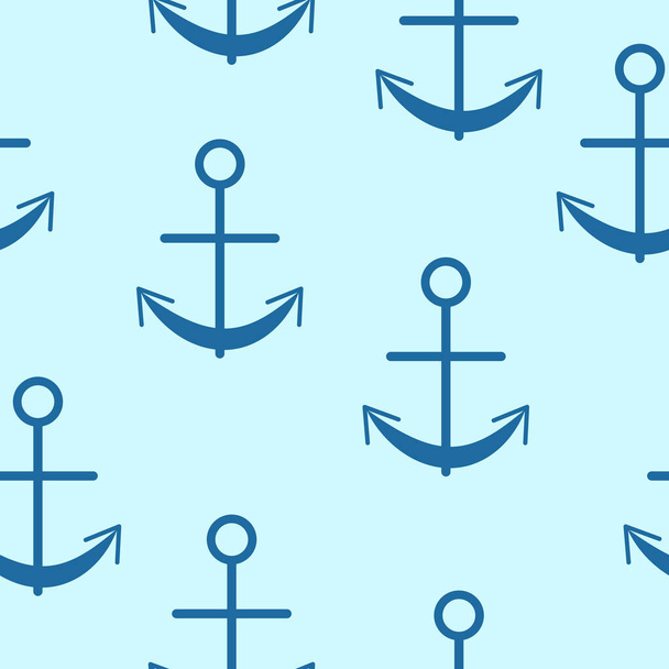青の背景に古典的な青のグラフィックアンカーとシームレスなパターン。シンプルなフラットデザイン。海と海。海兵隊だ。船とボート。はがき、スクラップブッキング、テキスタイル、包装紙のために - ベクター画像