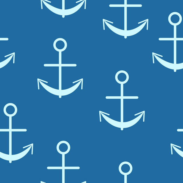 白を背景に古典的な青のグラフィックアンカーとシームレスなパターン。シンプルなフラットデザイン。海と海。海兵隊だ。船とボート。はがき、スクラップブッキング、テキスタイル、包装紙のために - ベクター画像