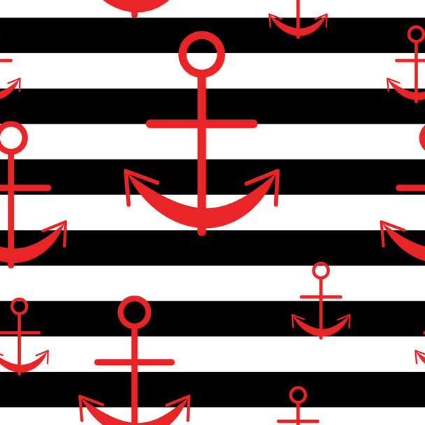 Nahtloses Muster mit roten Ankern auf gestreiftem Hintergrund. Einfaches flaches Design. Meer und Ozean. Schiffsausrüstung. Schiff und Boot. Für Postkarten, Scrapbooking, Tapetentextilien und Packpapier - Vektor, Bild