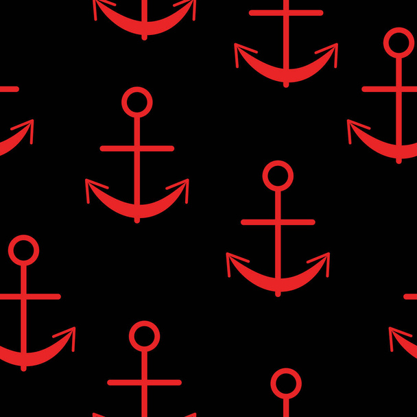 Naadloos patroon met rode grafische ankers op zwarte achtergrond. Simpel plat ontwerp. Zee en oceaan. Maritieme uitrusting. Schip en boot. Voor ansichtkaarten, scrapbooking, textiel en inpakpapier voor kinderen - Vector, afbeelding