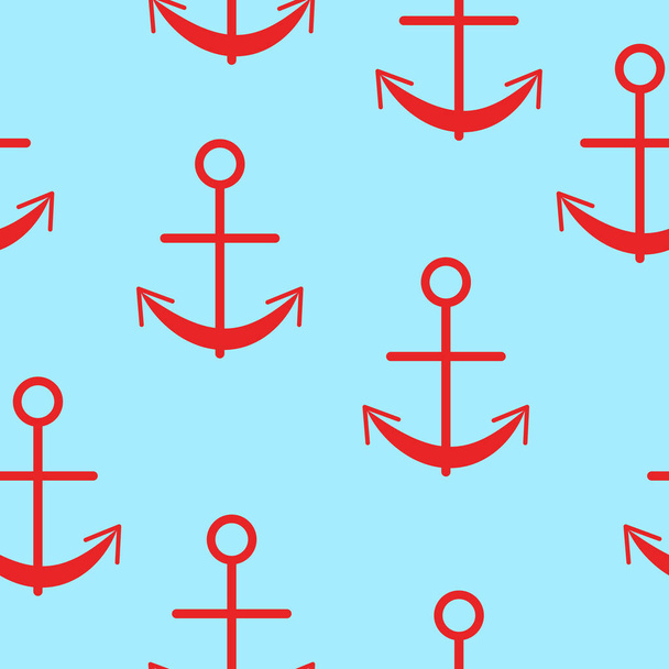 Seamless pattern with red graphic anchors on blue background. Simple flat design. Sea and ocean. Maritime equipment. Ship and boat. For children postcards, scrapbooking, textile and wrapping paper - Vector, Image
