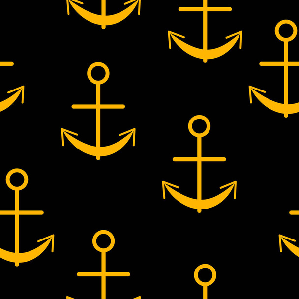 Płynny wzór z żółtymi kotwami graficznymi na czarnym tle. Prosta płaska konstrukcja. Morze i ocean. Sprzęt morski. Statek i łódź. Dla dzieci pocztówki, scrapbooking, papier tekstylny i pakowy - Wektor, obraz