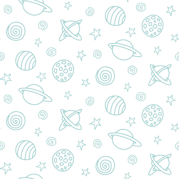 Dětský vesmírný vzor. Kreslené modré obrysy planet a hvězd. Vektorové kosmické pozadí a textura. Pro děti design, tkaniny, balicí papír, tapety, textil, oděvy. - Vektor, obrázek
