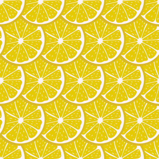 Seamless pattern with sliced pieces of lemon. Colorful background of tropical fruits. Flat vector illustration. Ideas for modern designs of backgrounds, greeting cards, print, packaging, textile, etc. - Vektör, Görsel