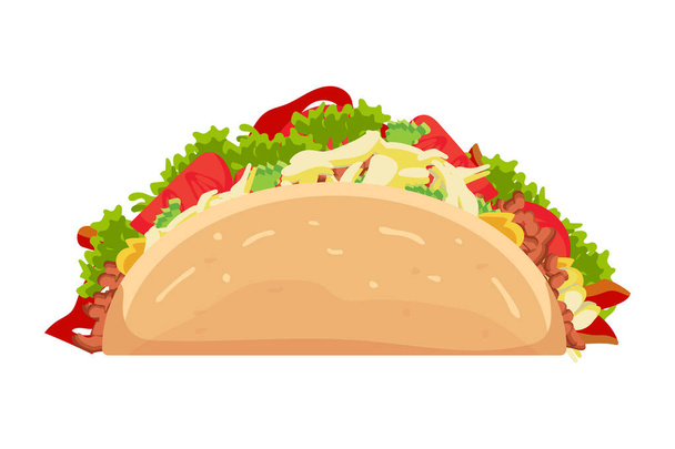 Tacos icono plano de dibujos animados con carne y verduras. Comida rápida mexicana tradicional. Taco México alimentos con tortilla, hojas de lechuga, queso, tomate, picadillo, salsa aislada sobre fondo blanco
.  - Vector, Imagen
