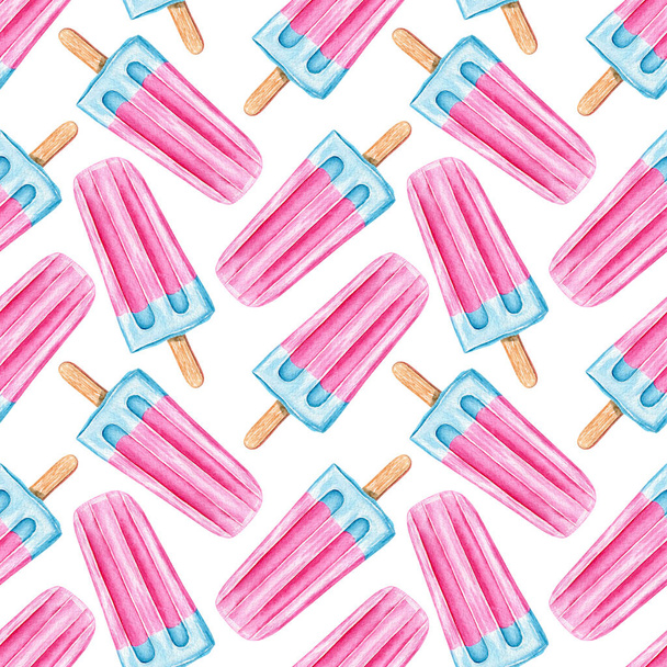 Seamless pattern with watercolor ice cream. Bright Sweets for Birthday postcard, Greeting card. Background  for holiday and party. Textile print. Artistic design with food  for cafe. Freehand drawing - Foto, Imagem