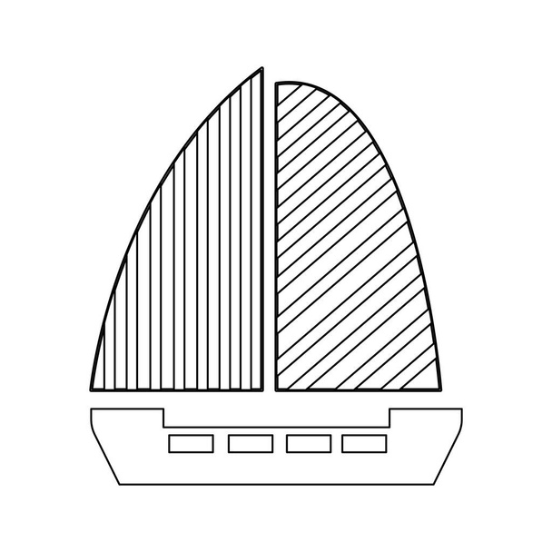 Vitorlás vázlat grafikus illusztráció. Hajó és jacht. Elszigetelve, fehér háttérrel. Csíkok vitorlán. Tenger és óceán. Tengeri szállítás. Utazás és hobbi. A kifestőkönyv oldalára. Gyermekeknek - Vektor, kép