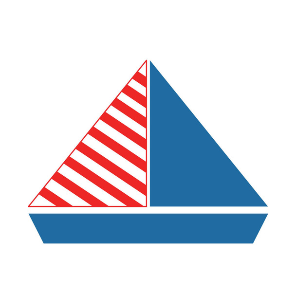 Vector Segelboot isoliert auf weißem Hintergrund. Kreuzfahrtschiff und Schiff. Kleine Jacht. Streifen auf dreieckigen Segeln. Klassisch blau und rot. Einfache flache Illustration. Cartoon-Stil. Für Kinder, Logo, Symbol, Web - Vektor, Bild