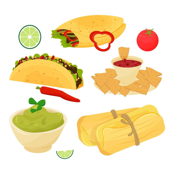Set of mexican dishes, food taco, burrito, guacamole, tamale, nachos decorated with lime, tomato, chilli isolated on white background stock vector illustration. - Vector, Image