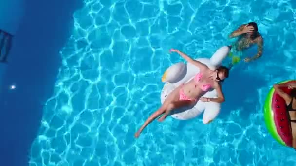 Aerial. Friends chilling in swimming pool with inflatable flamingo, swan, mattress. Happy young people bathe on floating mattresses in luxury resort. View from above. Girls in bikini sunbathing in sun - Filmati, video