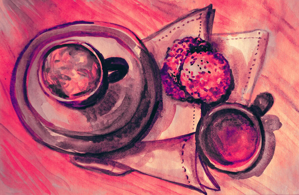 Hand drawing watercolor picture of part of tea time  - Фото, зображення