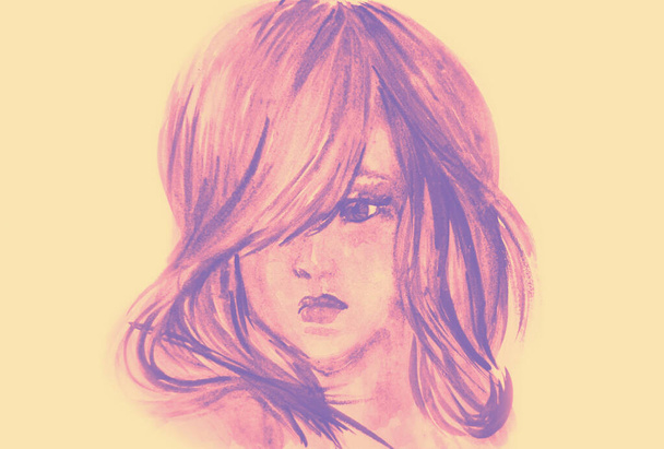 Hand drawn watercolor portrait of girl - Zdjęcie, obraz