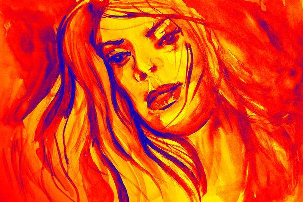 Hand drawing watercolor picture of woman face with long hair - 写真・画像
