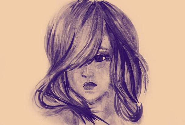 Hand drawn watercolor portrait of girl - Foto, Imagem