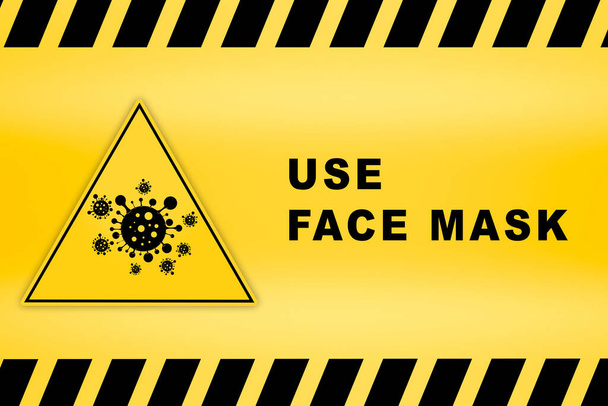 znak używać maski twarzy na linii ostrożności tła zużyte paski ostrzegawcze znaki zagrożenia - Zdjęcie, obraz