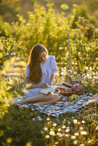 Beautiful woman reading a book at picnic in park - Foto, Imagen
