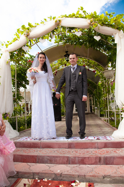 Одружена пара тримає руки, стоячи на сходах у парку
 - Фото, зображення