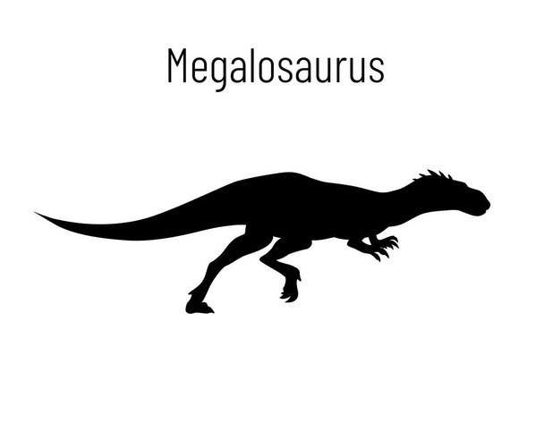 Megalosaurus. Theropoda dinosaur. Monochrome vector illustration of silhouette of prehistoric creature megalosaurus isolated on white background. Stencil. Fossil dinosaur. - Vettoriali, immagini