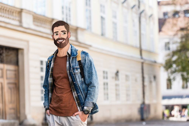 young man with hands in pockets and illustrated face in city - Photo, Image