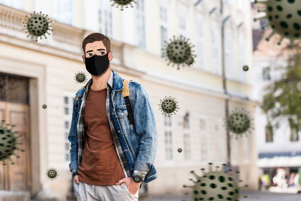 hombre en máscara médica con la cara ilustrada y las manos en bolsillos en la calle, ilustración de bacterias
 - Foto, Imagen