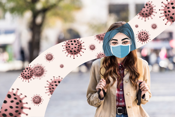 niña con la cara ilustrada en la máscara y la mochila en la ciudad con la ilustración de bacterias
 - Foto, Imagen