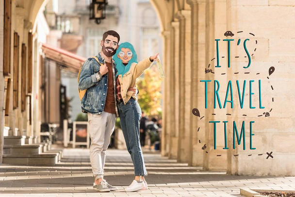 couple of tourists with illustrated faces hugging on street and pointing with finger away, it is travel time illustration - Photo, Image