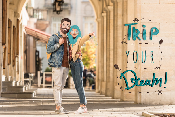 couple of tourists with illustrated faces hugging on street and pointing with finger away, trip your dream illustration - Photo, Image