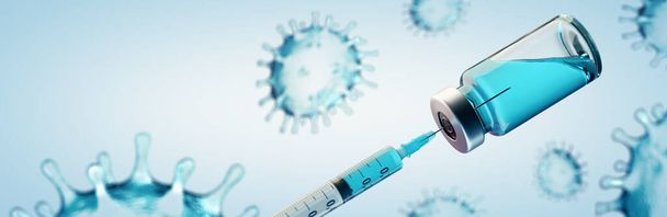 Вакцинация концепция изображения с коронавирусом Covid-19 SARS-CoV-2 вирусной вакцины - панорамный баннер
 - Фото, изображение