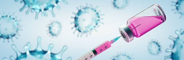 コロナウイルスCovid-19 SARS-CoV-2ワクチンでワクチンのコンセプトイメージ-パノラマバナー - 写真・画像