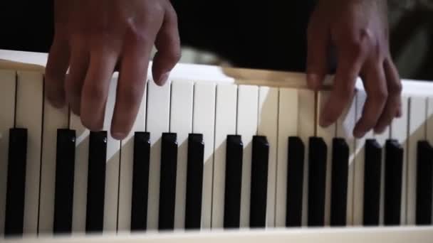 El hombre toca el piano en una habitación oscura, teclas blancas y negras
 - Metraje, vídeo