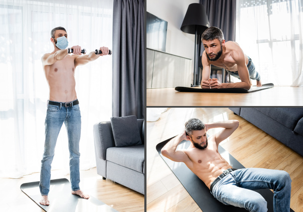 Collage of shirtless man training on fitness mat at home  - Fotografie, Obrázek