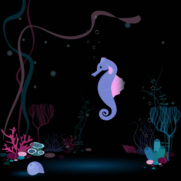 Illustrazione in stile cartone animato piatto. Scena subacquea buia con piante, coralli e cavalluccio marino magico
. - Vettoriali, immagini
