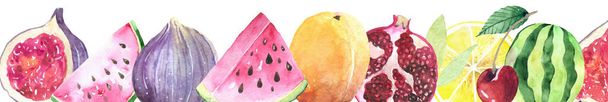 border design of fresh fruits, isolated Fig, lemon, peach, cherry, - Foto, Imagen