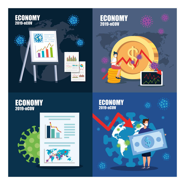 establecer banners de impacto económico para 2019 ncov con iconos
 - Vector, Imagen