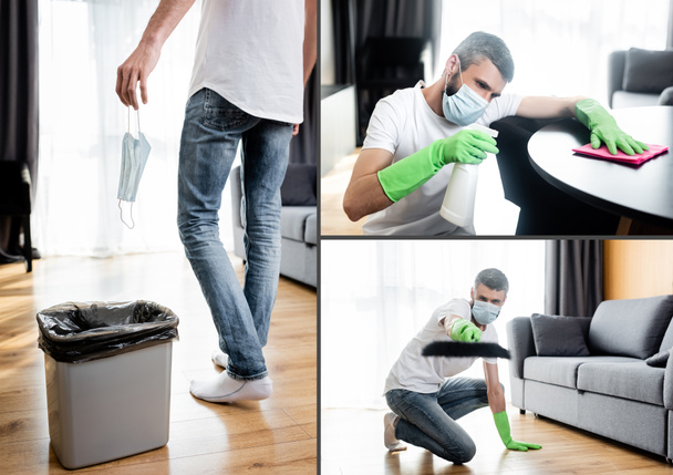 Collage of man holding medical mask near trash can, cleaning table and holding broom at home  - Foto, Imagen