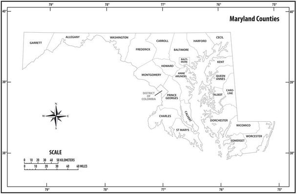 Maryland κατάσταση σκιαγραφήσει διοικητικό και πολιτικό διανυσματικό χάρτη σε μαύρο και άσπρο - Διάνυσμα, εικόνα