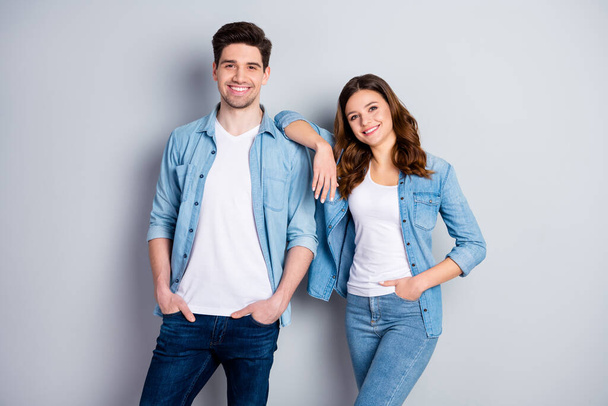 Portrait of friendly charming married couple enjoy summer rest together relax wear good look clothes isolated over gray color background - Valokuva, kuva