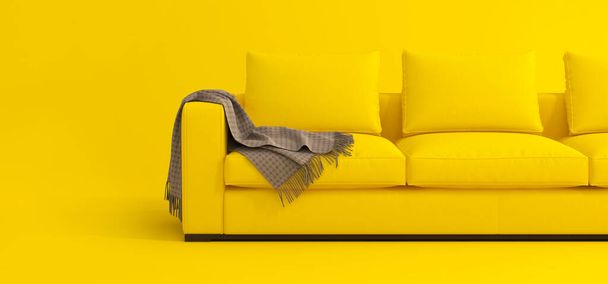 Kreativní uspořádání interiéru. Minimalistický styl. Moderní skandinávská žlutá pohovka s hnědými kostkami na žlutém pozadí. Šablona pro reklamu, design. Nábytek, interiér, stylový gauč. - Fotografie, Obrázek