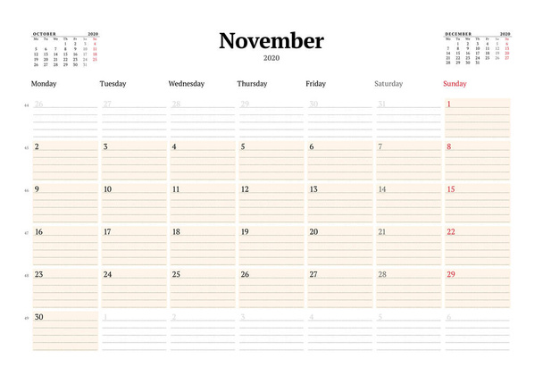 Calendar template for November 2020. Business monthly planner with dotted lines for notes. Stationery design. Week starts on Monday. Vector illustration - Vettoriali, immagini