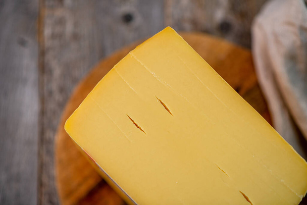 Medium hard cheese head edam gouda parmesan on wooden board with knife wooden texture daylight side view - 写真・画像