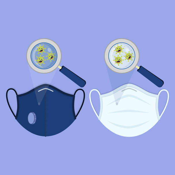 Two types of medical masks: surgical face mask and N95 respirator. Angry cartoon virus contaminating the masks and being enlarged by the magnifying glass. - Vector, Image