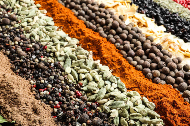 Set of different spices as background, closeup - Φωτογραφία, εικόνα