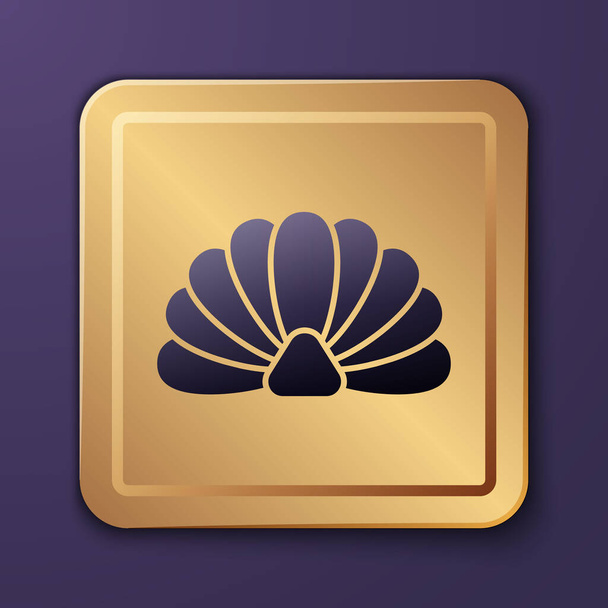Purple Scallop sea shell icon isolated on purple background. Seashell sign.Gold square button. Vector Illustration - Vector, Image