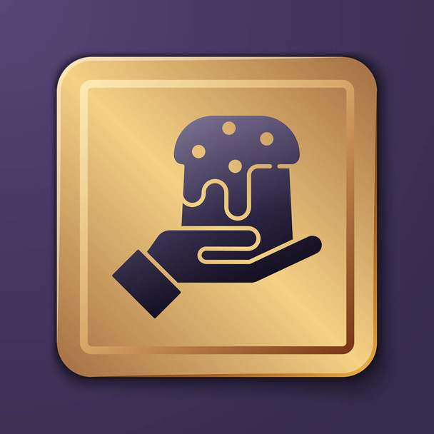 Фіолетова рука людини і значок великодніх тортів ізольовані на фіолетовому фоні. З Великоднем. Золота квадратна кнопка. Векторна ілюстрація
 - Вектор, зображення