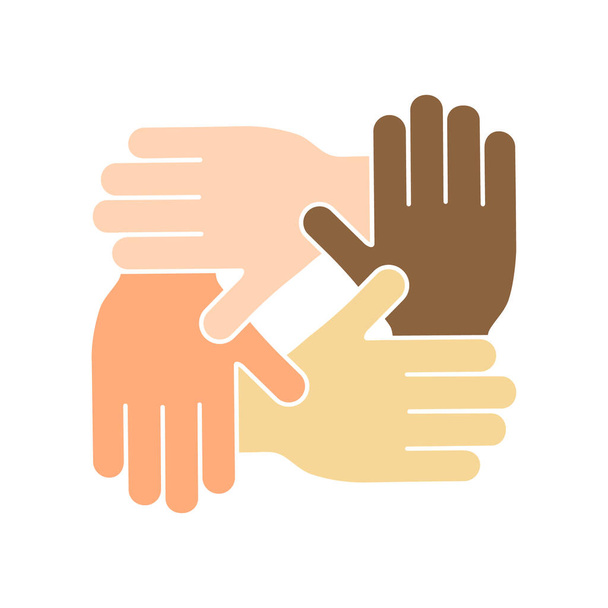 Multikulturelle und multiethnische Freundschaft Symbol Vektor Illustration isoliert auf weißem Hintergrund. Hände zusammen in runder Form.  - Vektor, Bild