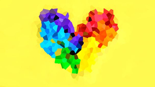 Pixel corazón del arco iris, como la bandera del arco iris LGBT sobre un fondo amarillo con espacio para copiar. El concepto de derechos humanos y libertades y LGBT (lesbianas, gays, bisexuales
) - Foto, Imagen