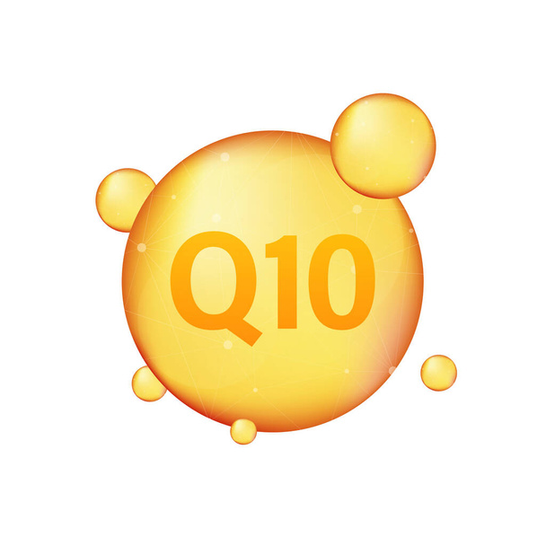 Koenzim Q10. Altın vektör yağ ikonu. Enzim düşürücü hap kapsülü. Vektör stok illüstrasyonu. - Vektör, Görsel