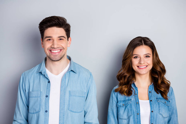 Portrait of charming handsome married couple fellows entrepreneur look toothy smile enjoy summer weekend date wear stylish clothes isolated over gray color background - Фото, зображення
