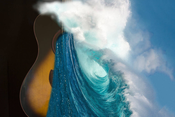 guitarra de seis cordas com uma onda do mar em um fundo preto
 - Foto, Imagem